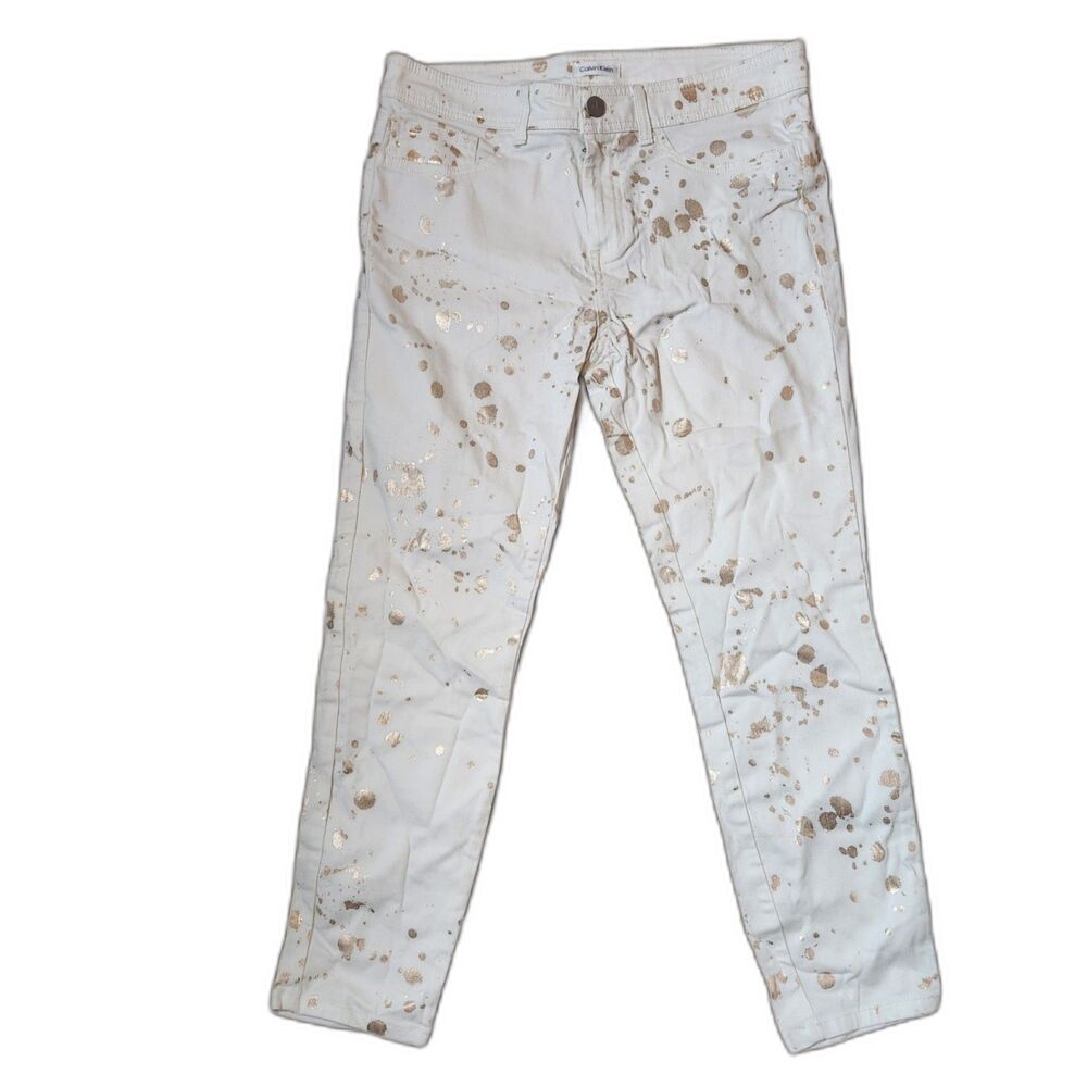Calvin Klein Splash Print Pants Women’s 10 Gold on White Cotton Blend